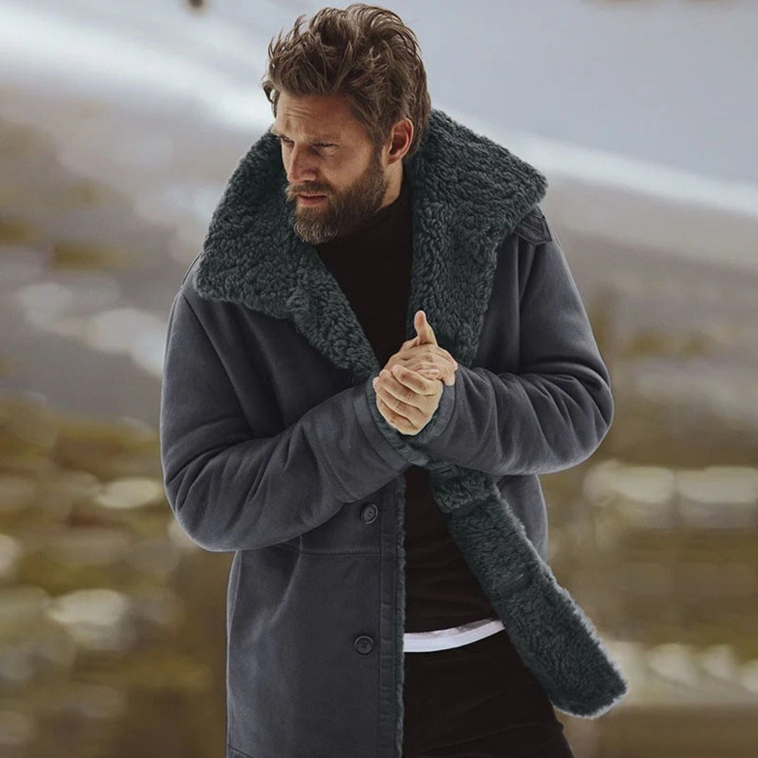 Men's mid-thigh coat with wide textured collar and button front