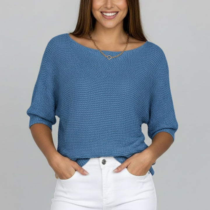 Women's textured knit jumper with wide crew neck and three quarter sleeves