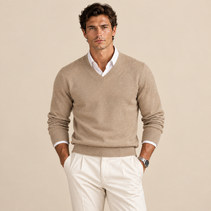 Men's V-neck sweater with long sleeves and ribbed trims