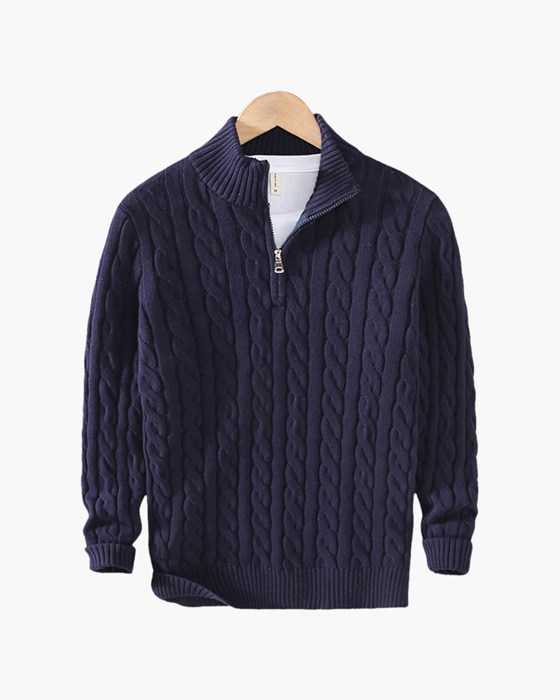 Men's cable knit half-zip sweater with stand collar