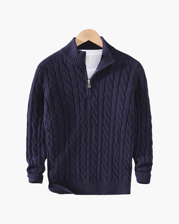 Men's cable knit half-zip sweater with stand collar