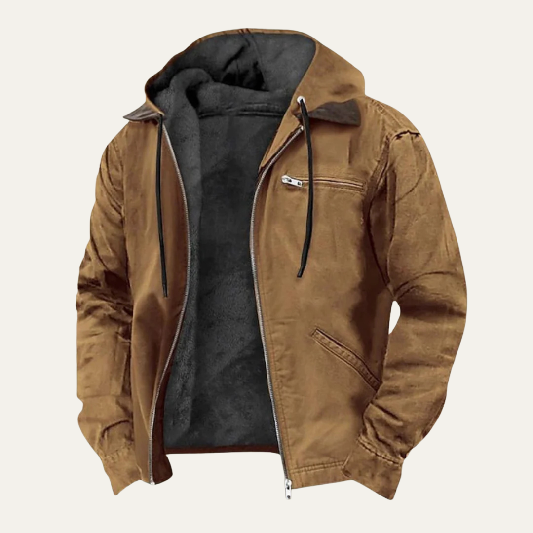 Men's hooded utility jacket with zip fastening, chest pocket and ribbed trims