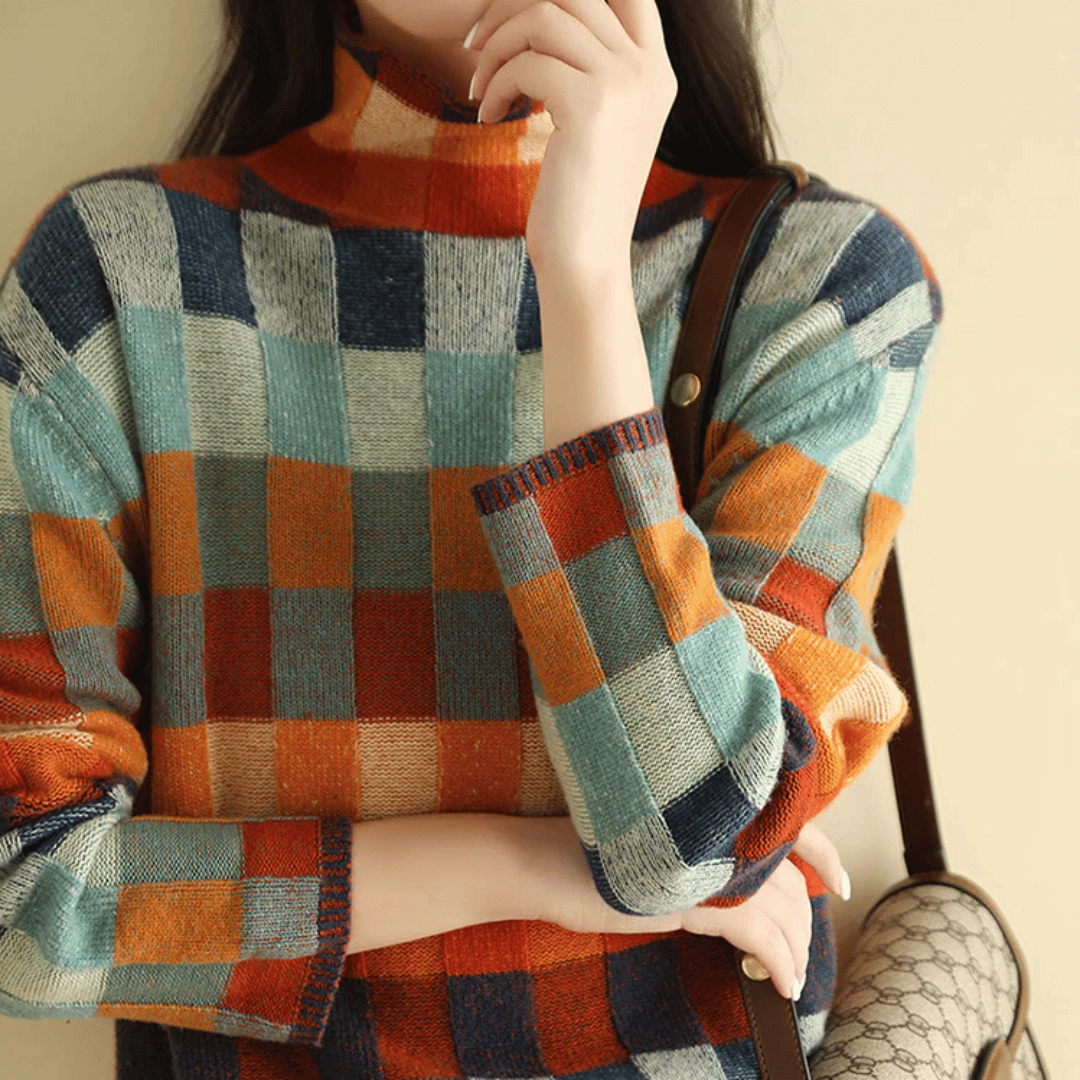 Women's multicoloured checkered patchwork turtleneck jumper with long sleeves