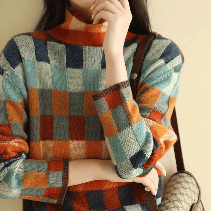 Women's multicoloured checkered patchwork turtleneck jumper with long sleeves
