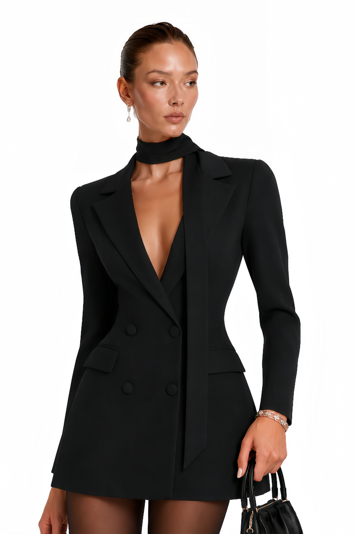 Women's black double-breasted blazer mini dress with notched lapels