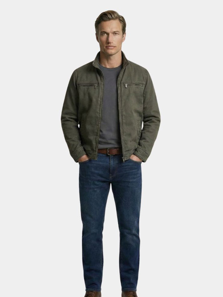 Men's olive field jacket with high collar and zip pockets