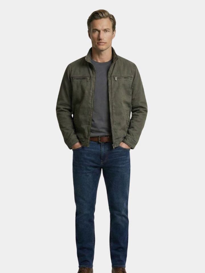 Men's olive field jacket with high collar and zip pockets