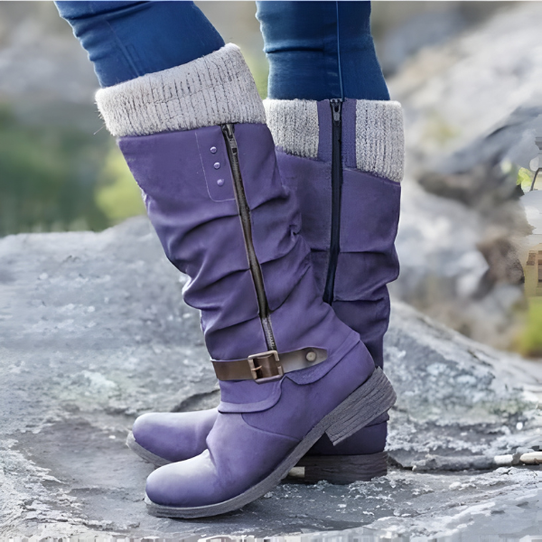 Women's slouch knee-high boots with ribbed cuffs, side zips and buckle straps