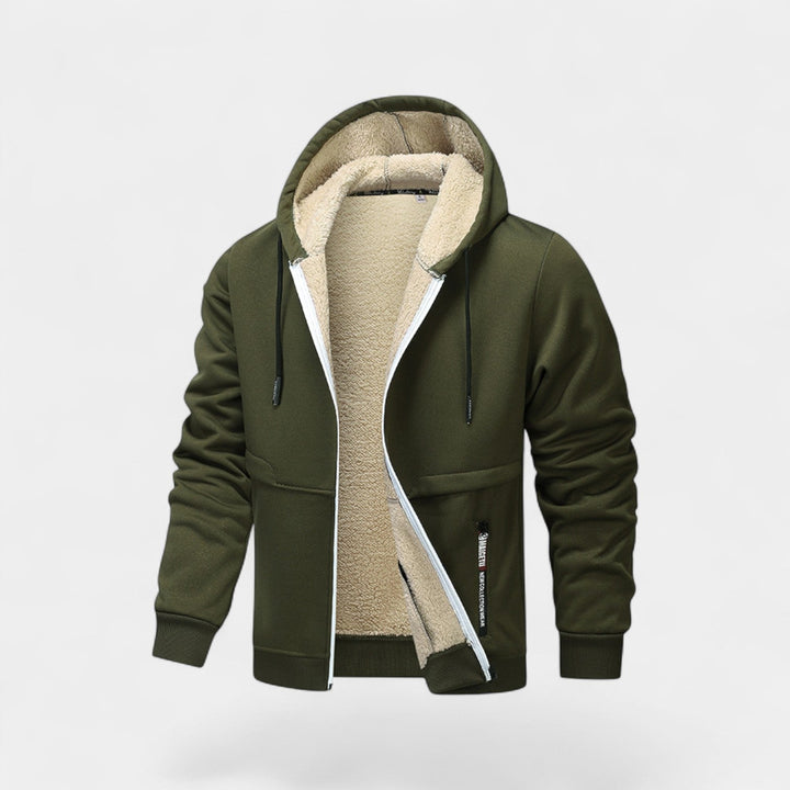 Men's hooded zip jacket with contrast sherpa-style lining and front pockets