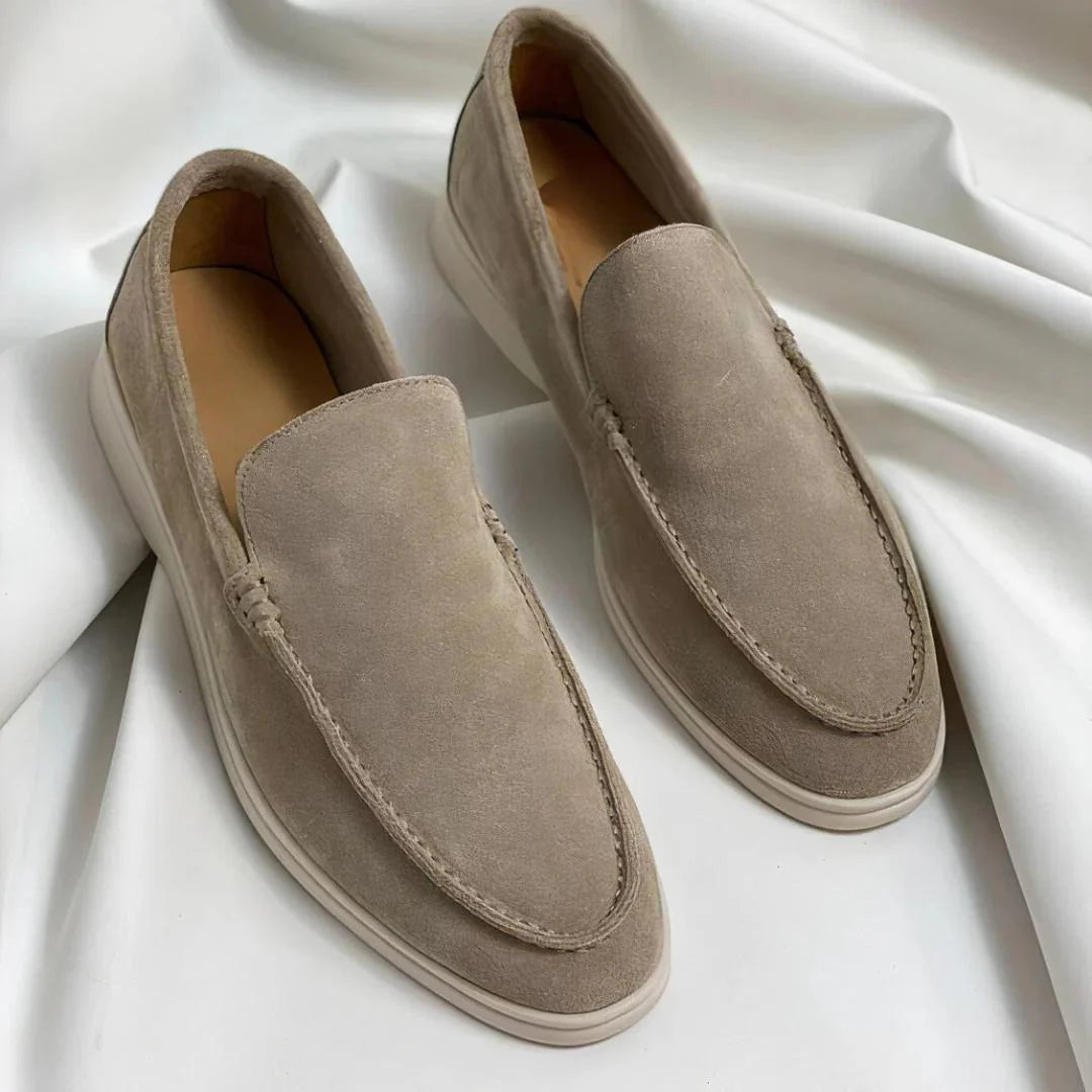 Women's plain suede loafers with almond toes and flat contrasting soles
