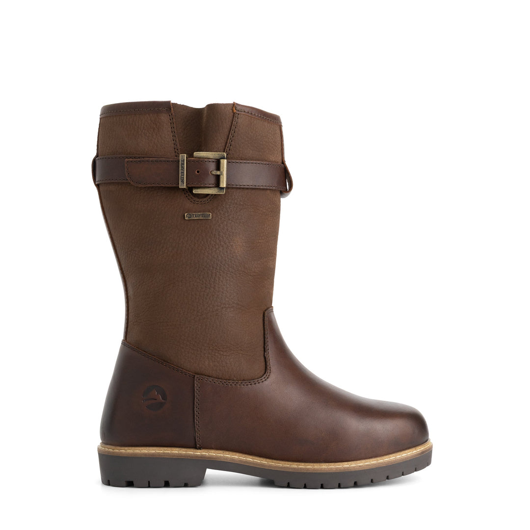 Brown tall outdoor boots with buckle straps and flat lug soles