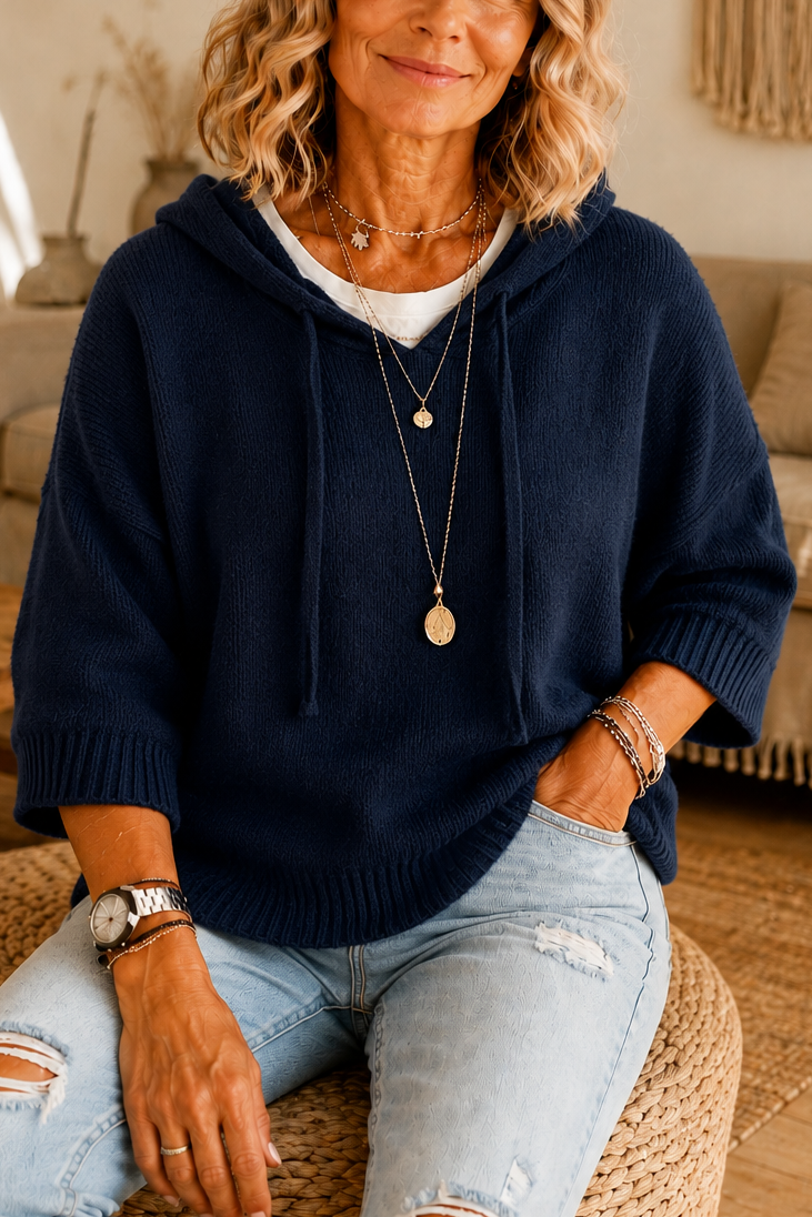 Women's hooded knit hoodie with drawstrings, 3/4 sleeves and ribbed trims