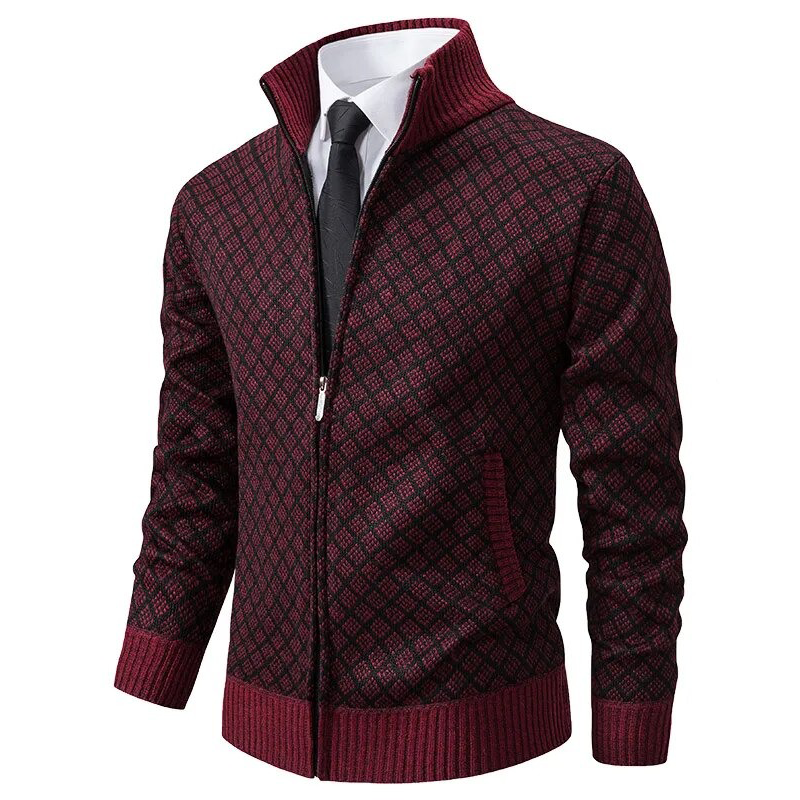 Men's textured zip sweater with stand collar and ribbed trims