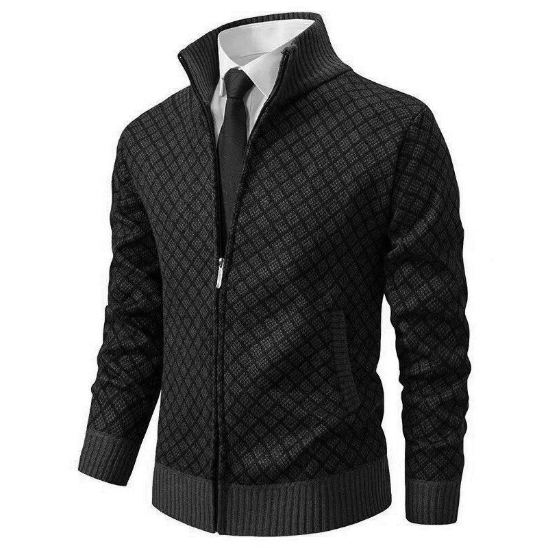 Men's textured zip sweater with stand collar and ribbed trims