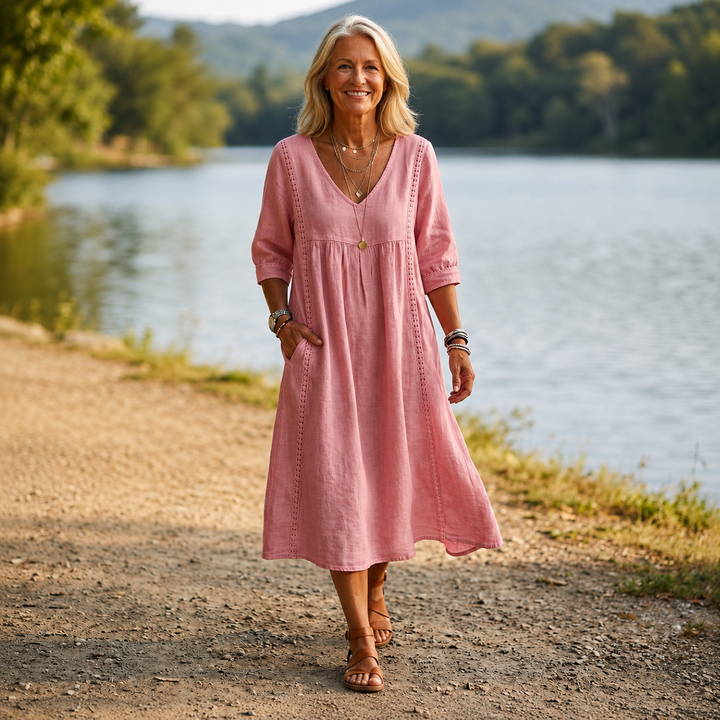 Women's Lightweight Maxi Dress — Ruched 3/4 Sleeve Dress with Pockets