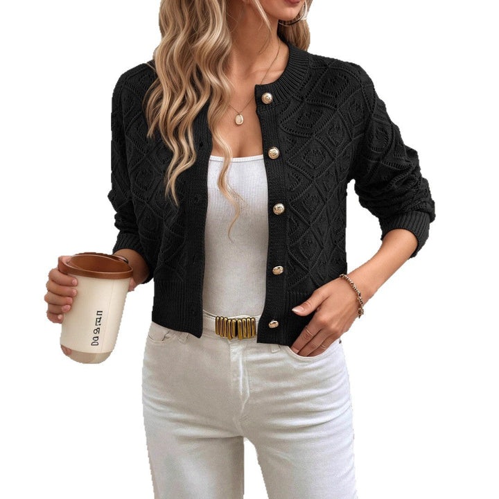 Women's cropped openwork cardigan with geometric pattern, crew neck and button front