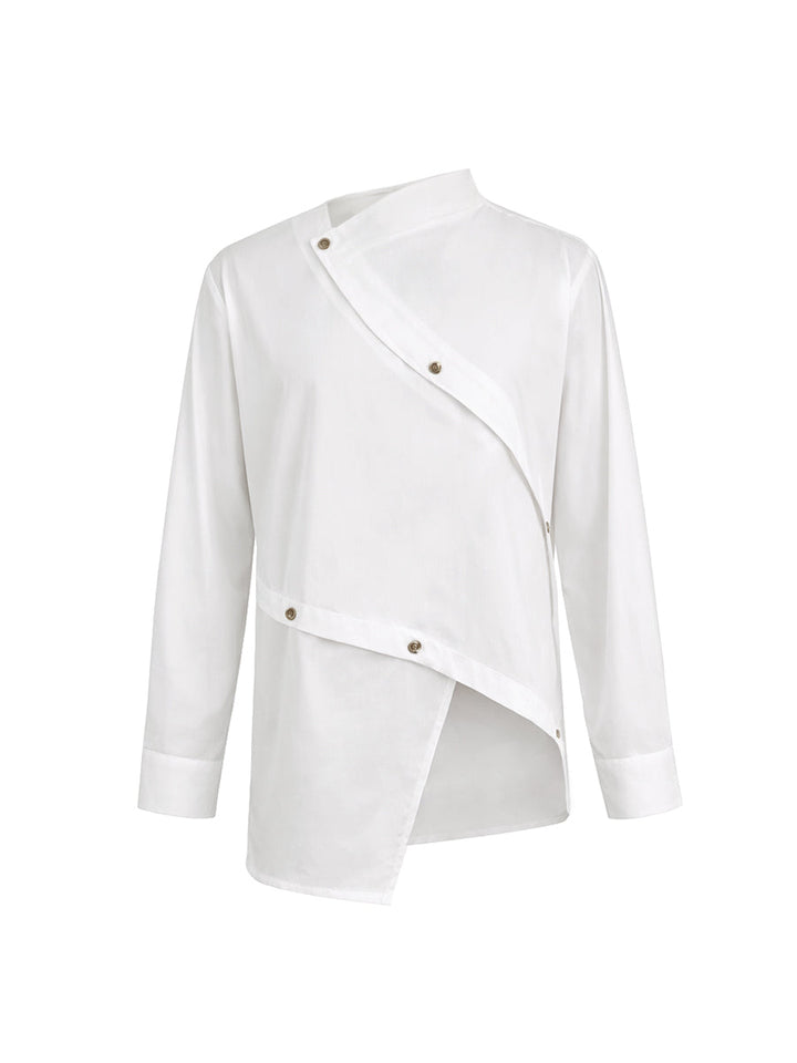 Women's white asymmetric buttoned blouse with mandarin collar and long sleeves