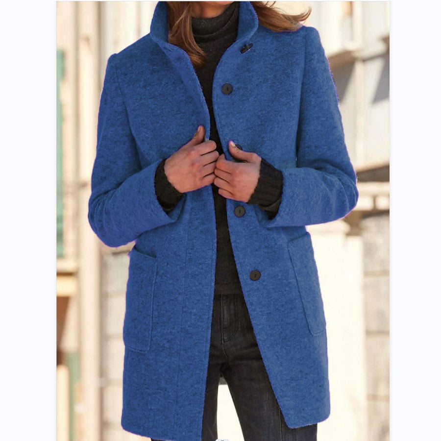 Women's long button-front coat with stand collar and patch pockets