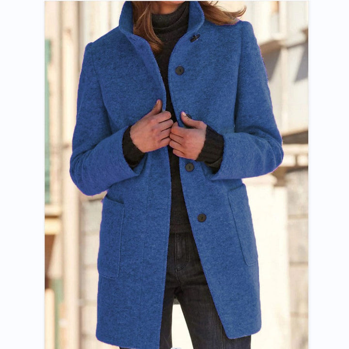 Women's long button-front coat with stand collar and patch pockets