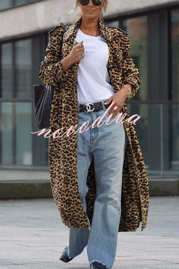 Women's long leopard print midi trench coat with long sleeves