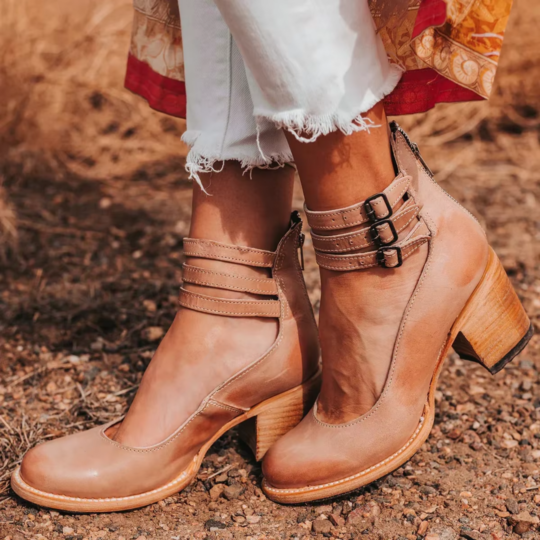 Women's ankle boots with three buckle straps and block heels