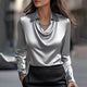 Women's V-Neck Short-Sleeve Blouse - Satin Sheen, Floral Print, Relaxed Fit
