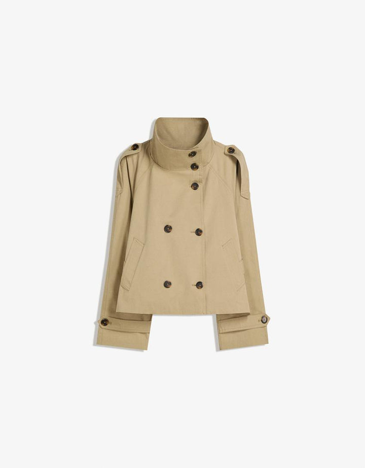 Women's short trench jacket with high collar, buttons, belt and shoulder tabs