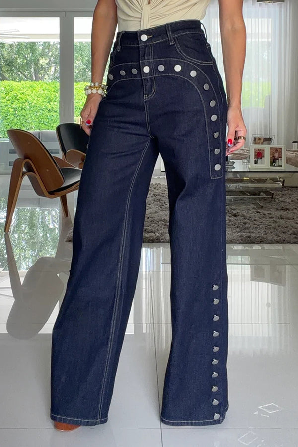 Women's navy high-rise wide leg jeans with silver-tone button details