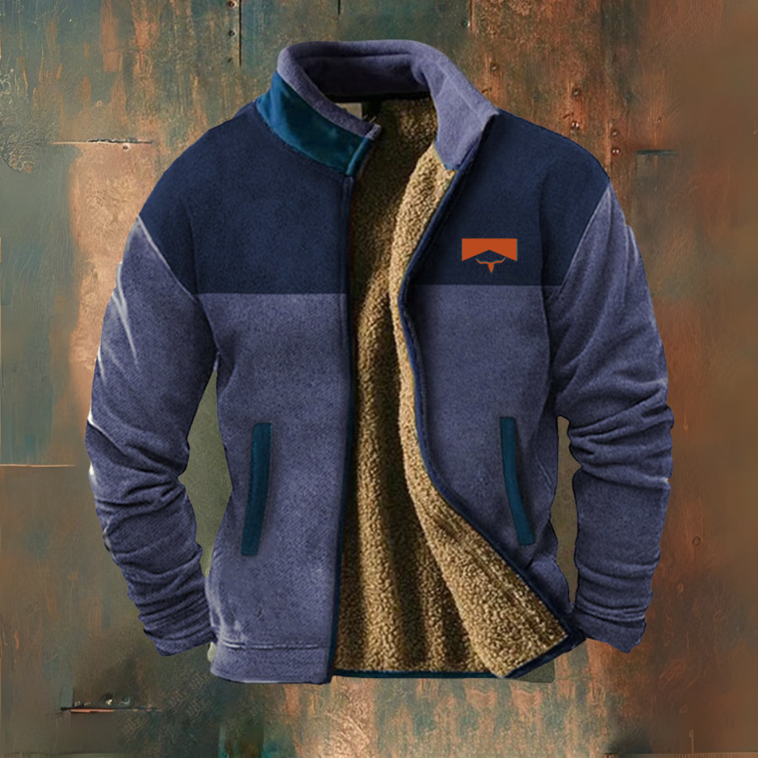 Men's colour block fleece jacket with mock neck and front zip