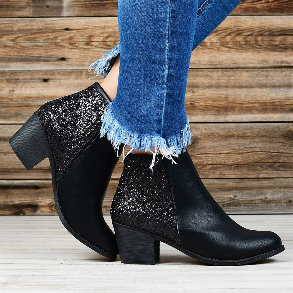 Women's ankle boots with glitter side panels and chunky block heels