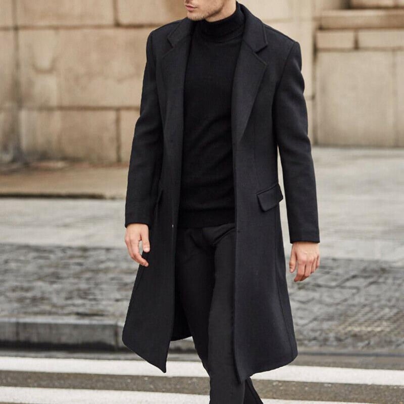 Men's long tailored coat with notched lapels and flap pockets