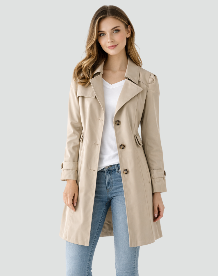 Women's knee-length trench coat with notched lapels, long sleeves and button front
