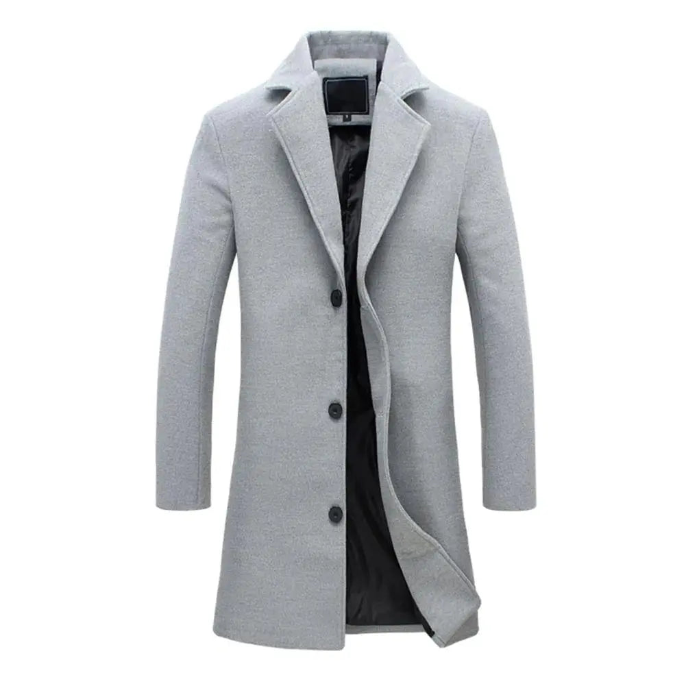 Men's tailored fit long coat with notched lapels, button fastening and side pockets