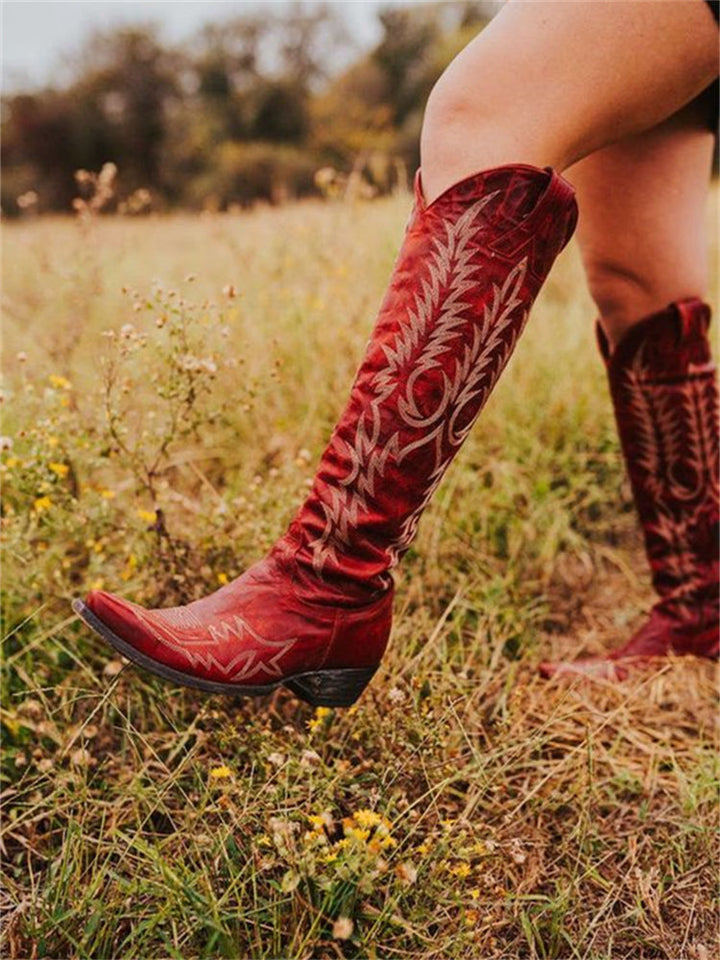 Women's knee-high cowboy boots with pointed toes and embroidered Western shaft detailing