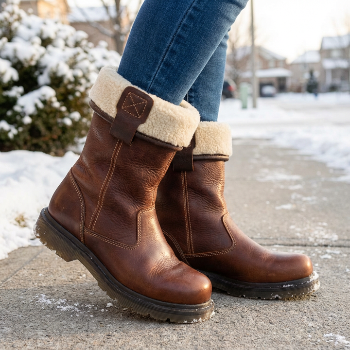 Women's brown winter ankle boots with fur cuff and lug sole