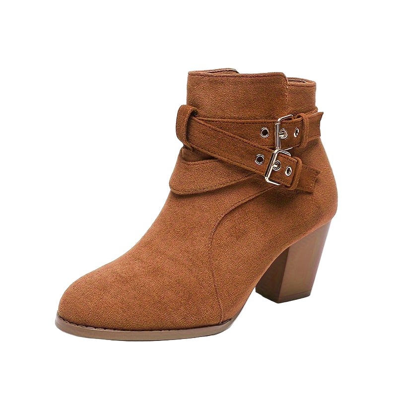 Women's ankle boots with double buckle straps and block heels