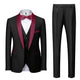 Men's 3-piece wedding suit with single-breasted jacket, waistcoat, and trousers in royal blue and burgundy colorways, shown with formal shirt and bow tie.
