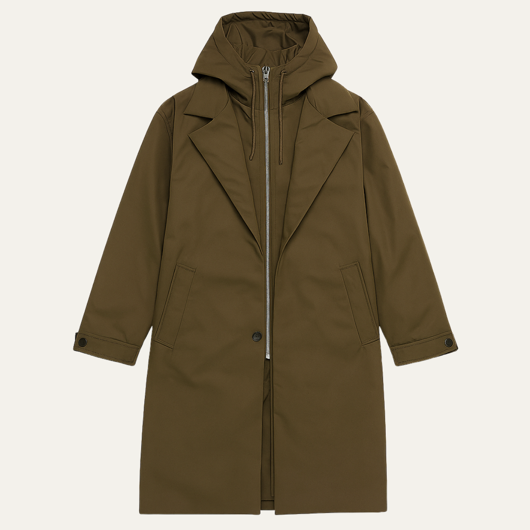 Men's long hooded parka coat with button front and side pockets