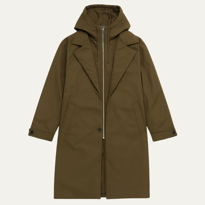 Men's long hooded parka coat with button front and side pockets