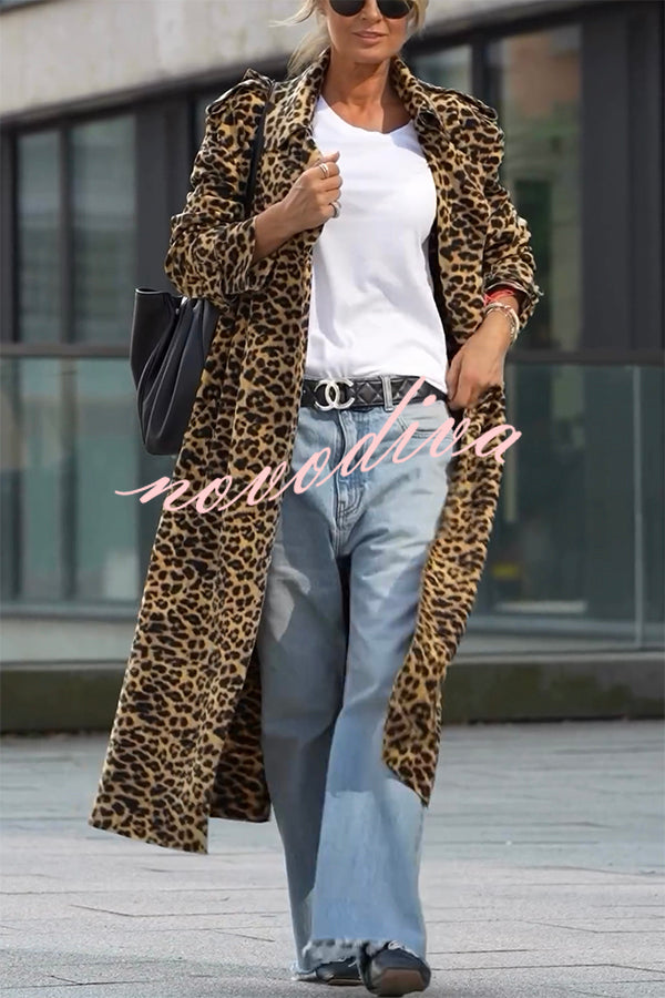 Women's long leopard print midi trench coat with long sleeves
