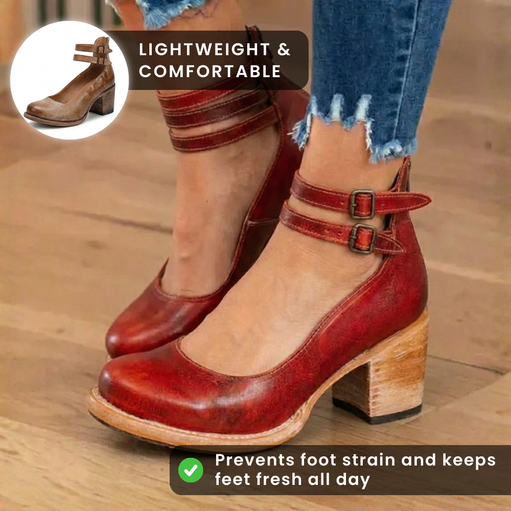 Women's ankle boots with double buckle straps and block heels