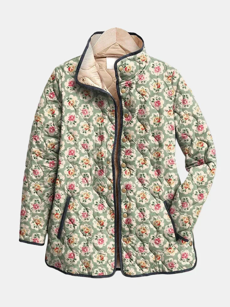 Women's multicolor floral quilted jacket with button front and pockets