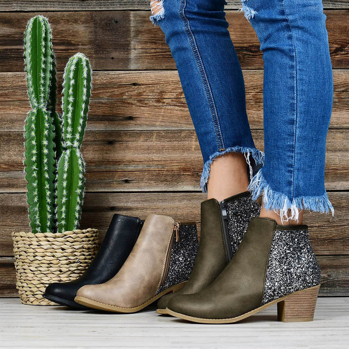 Women's ankle boots with glitter side panels and chunky block heels