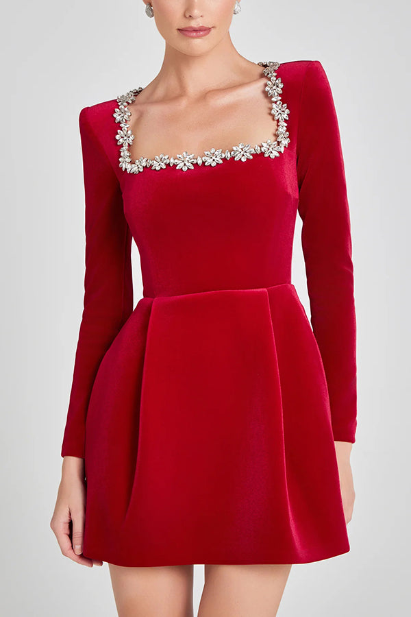Women's velvet mini dress with square neckline and jewel trim