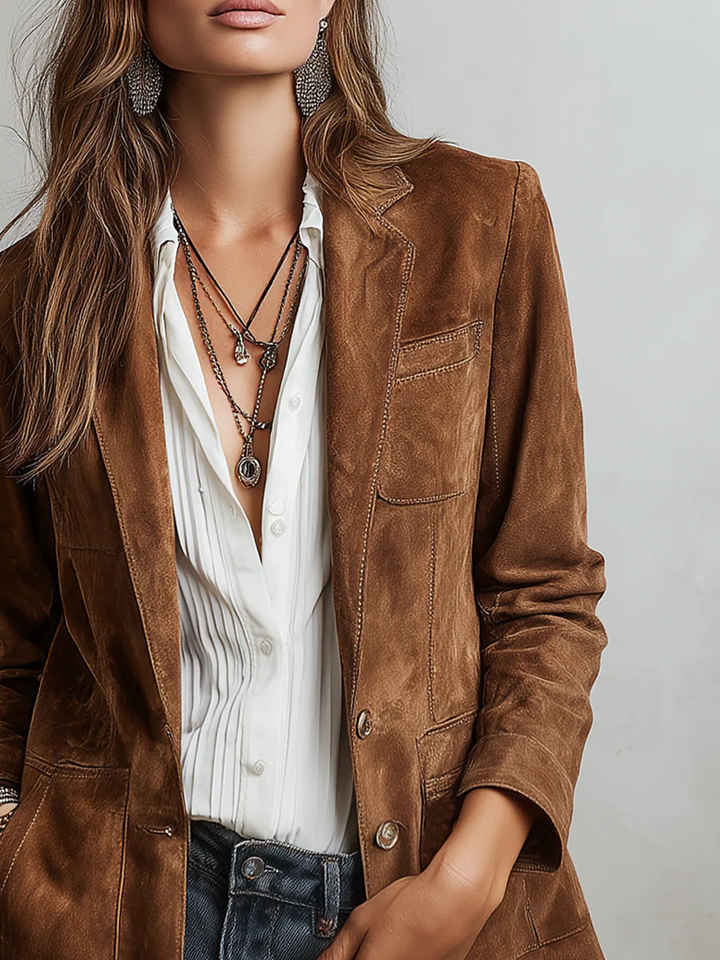 Women's brown button-front blazer with long sleeves and patch pockets