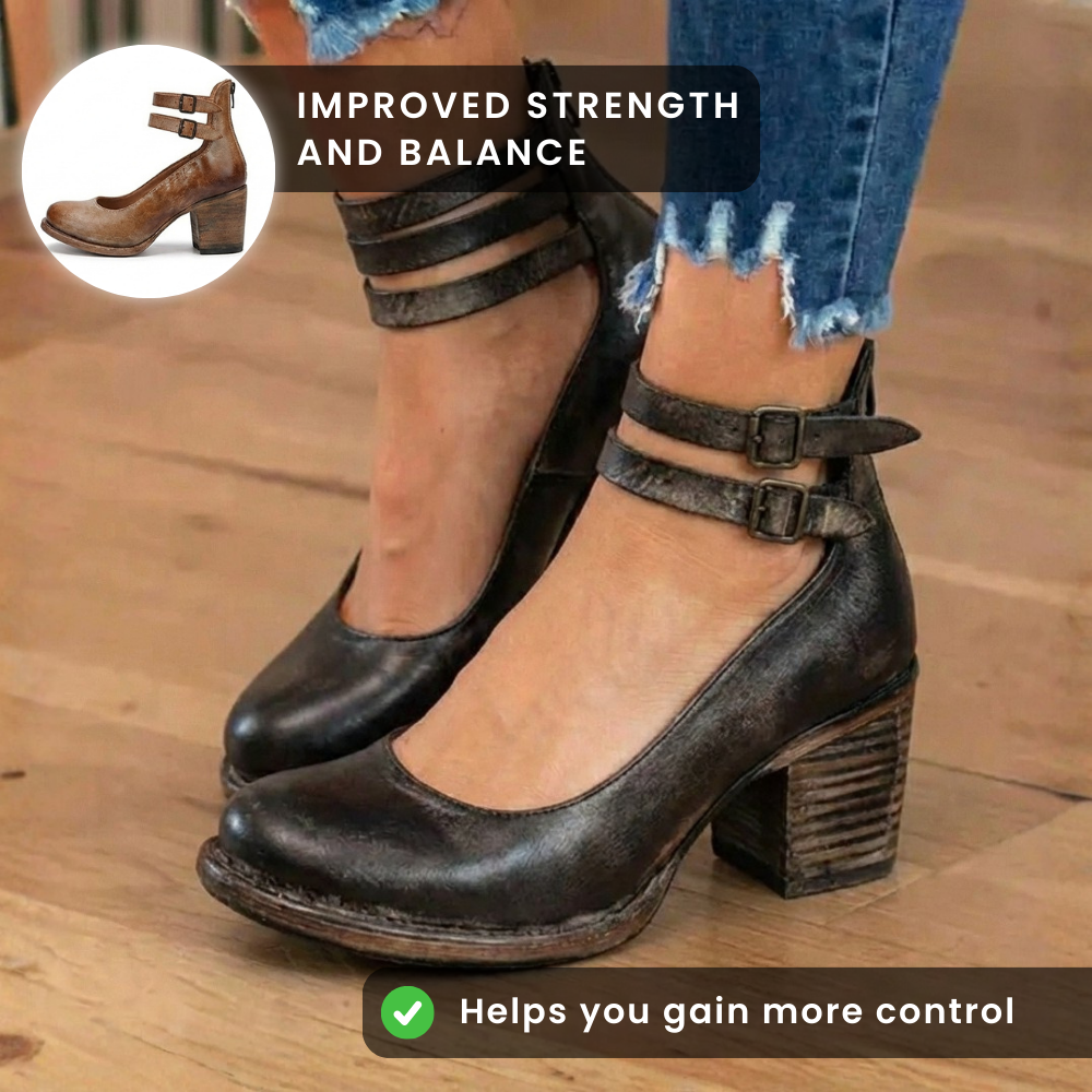 Women's ankle boots with double buckle straps and block heels