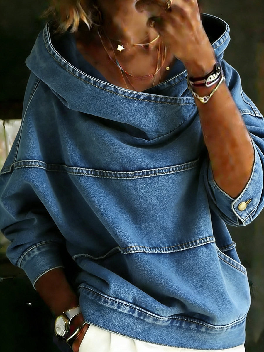 Women's blue hooded sweatshirt with long sleeves, seam detailing and front pouch pocket