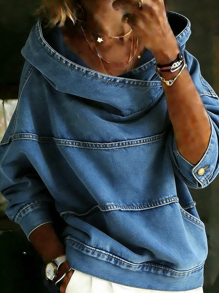 Women's blue hooded sweatshirt with long sleeves, seam detailing and front pouch pocket