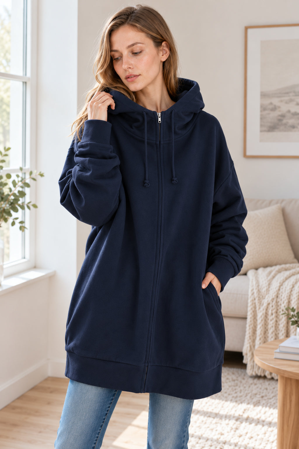 Women's solid hooded zip hoodie with long sleeves and ribbed trims
