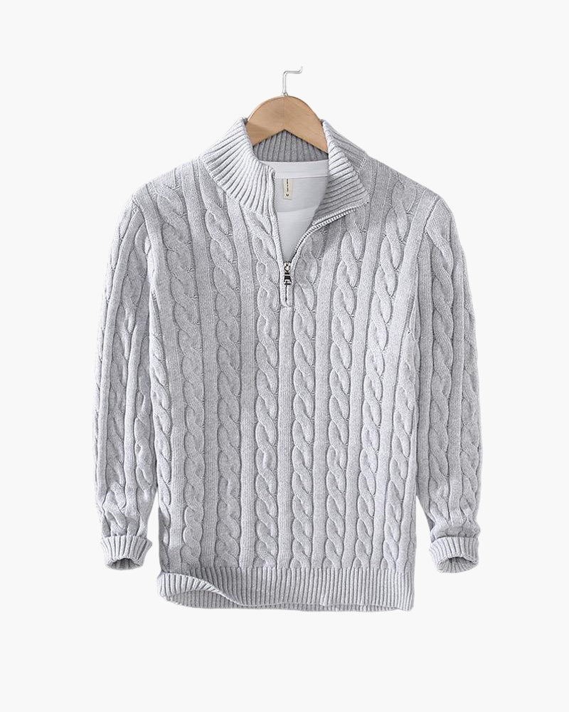 Men's cable knit quarter zip sweater with stand collar